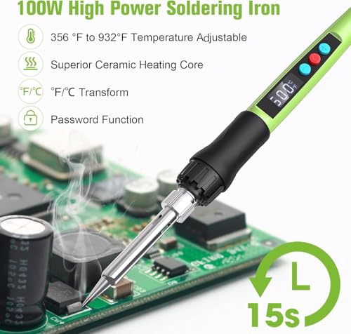 Soldering Iron Kit, 100W LED Digital Solder Gun kits with Ceramic Heater, Adjustable Temperature Welding Tools with Tips, Wick Braid, Stand, Solders Wire, Sponge, Flux Paste