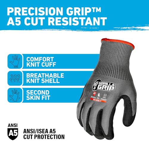 Gorilla Grip A5 Cut Resistant Work Gloves, Touschreen Compatible Safety Gloves, Breathable, Nitrile Coated, Grey - X-Large (12 Pack) - color: Grey A5 (12 Pack), size: X-Large