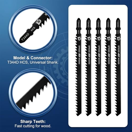 5 Pcs T344D Long Jigsaw Blade, 6 Inch T Shank Jigsaw Blades Jig Saw Blade Set for Quick Cutting Wood Hardwood Metal Plywood Black