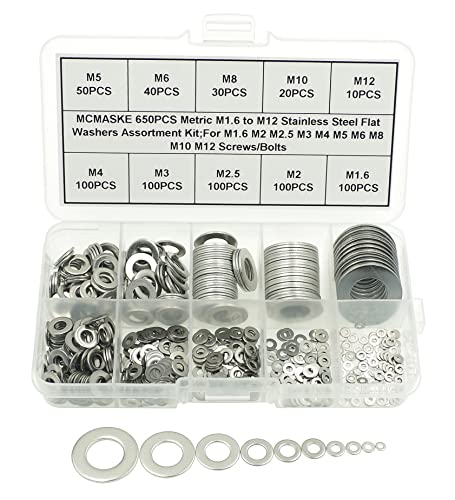 Metric M1.6 to M12 Flat Washers Assortment Kit,304 Stainless Steel,for M1.6 M2 M2.5 M3 M4 M5 M6 M8 M10 M12 Screws/Bolts