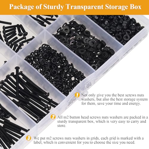 705 Pieces M2 Screws Nuts Washers Set Black, Sutemribor M2 x 4/6/8/10/12/16/20mm Button Head Socket Cap Screws Nuts Washers Assortment Kit, 10.9 Grade Alloy Steel, Fully Threaded - size: M2 x 4/6/8/10/12/16/20mm Kit, style: Button Head