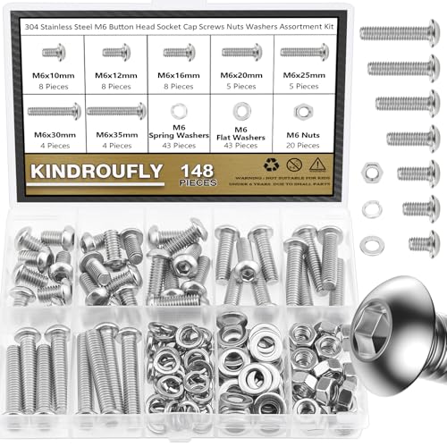 148 Pieces M6 x 10/12 /16/20 /25/30 /35mm Button Head Socket Cap Screws Nuts Washers Assortment Kit, 304 Stainless Steel, Fully Machine Thread - size: M6, style: Button Head