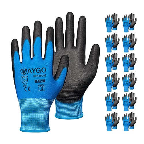 KAYGO Safety Work Gloves for Men Women, PU Coated Palm & Fingers, KG11P - color: Blue, size: Medium