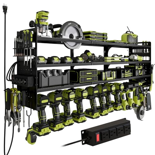 Power Tool Organizer Wall Mount, 12-Drill 4-Tier Charging Station, Black - color: Black