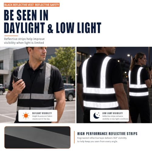 AYKRM 12 colour High visibility viz vest hi vis viz reflective work construction safety vest (XS-8XL) - color: Black, size: Medium