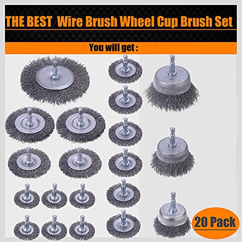 20- Pack Wire Brush Cup Wheels Drill, 1/4 Inch Hex Shank for Rust Removal | 0.012 inch Coarse Carbon Steel, Cleaning Rust and Abrasive, Wire Wheel Brush Drill Attachments