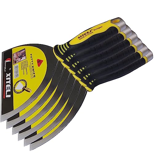 6-Pack Putty Scraper, 6" Putty Knives with Plastic Ergonomic Handle for Taping Paint Wall Floor Tile, Metal Spackle Tools Knife,Remover for Wood, Wallpaper Scraper (6")