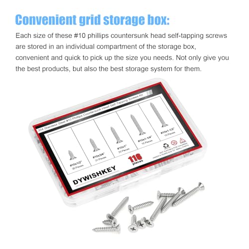 DYWISHKEY 116-Piece Wood Screw Assortment Kit - 1/2", "1/4", "3/4", "1", "1-1/4", "1-1/2" Screws - size: #10