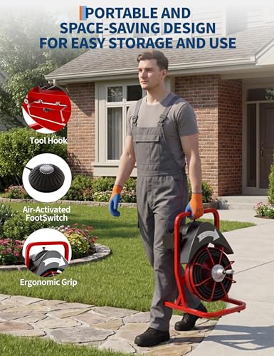Garvee Drain Cleaner Machine, 75 Ft x 1/2 Inch Steel Core Cable, Portable 370 W Electric with Sewer Auger, Cutter, Air-Activated Foot Switch, for Commercial, Home