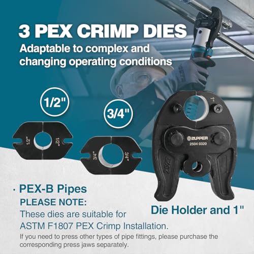 ZUPPER Mini PEX Crimp Tool Kit for 1/2", 3/4", 1" PEX Pipe Copper Rings - style: MP-1930 (kit with 3 PEX Crimp Dies F1807 1/2", 3/4", 1")