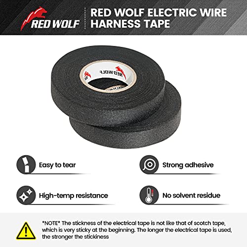 RED WOLF Wire Loom Harness Cloth Tape Electric Self-Adhesive Fabric Tape High Temp for Automobile Electrical Harness Wrap Noise Damping Protection Insulation Cable Fixed 2 Rolls Black 3/5 Inch x 50FT