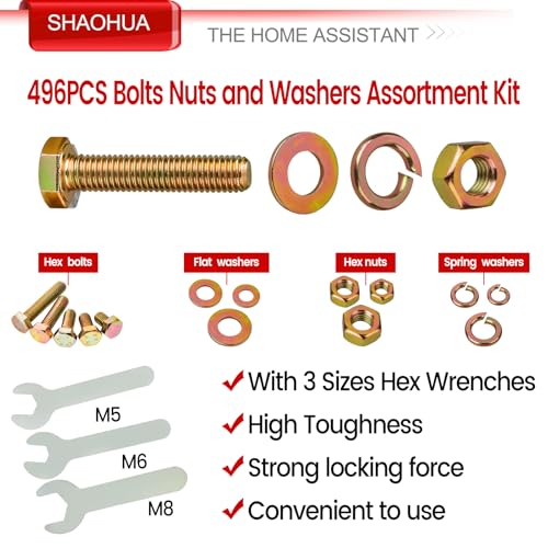 496Pcs Metric Bolt Assortment, M5 M6 M8 Hex Heavy Duty Bolts and Nuts Kit, Grade 8.8 Nuts and Bolts Assortment Kit M5x0.98 M6 x1.0 M8 x1.25 (12mm to 40mm),Yellow Zinc Plated - size: F. M5 M6 M8
