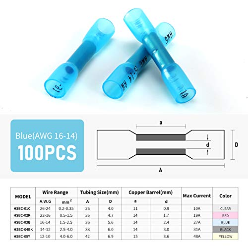 100PCS Heat Shrink Butt Wire Connectors 16-14 AWG, Insulated Waterproof Electrical Wire Connectors Automotive Marine Grade Wire Crimp Terminals Butt Splices, Ideal for Boat, Truck, Blue - size: Blue 100 PCS