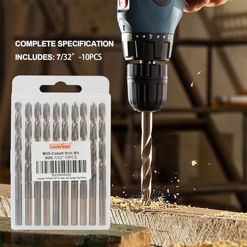 Luckyway 7/32" Cobalt Drill Bit (10 Pcs), Jobber Length Twist Drill Bit Set for Hard Metal, Stainless Steel, Cast Iron, Wood and Plastic, with Storage Case - style: 7/32" (10Pcs) Cobalt Drill Bits