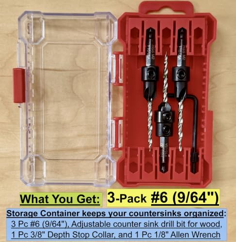 FTG USA 3-Pk #6 (9/64") Countersink Drill Bit Set, 1 Stop, 1 Wrench & Case - size: #6, style: 3 Pc with Depth Stop and Case