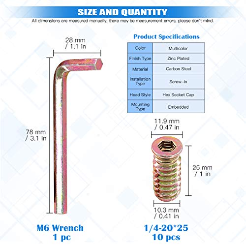 Glarks 50Pcs 1/4"-20x25mm Threaded Inserts Nuts Zinc Plated Carbon Steel Hex Socket Drive Furniture Flanged Screw-in Nut with M6 Hex Wrench for Wood Furniture (1/4"-20 x 25mm) - size: 1/4"-20 x 25mm