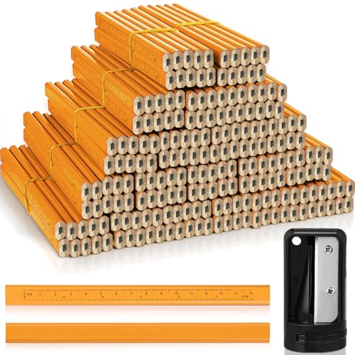 Honoson 200 Pcs Flat Construction Pencils with Printed Ruler Wood Graphite 2 Pcs Carpenter Pencil Sharpener for Woodworking Marking Tool(Wood) - color: Wood
