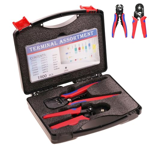 Ferrule Crimping and stripperring Tool Kit, Contain One AWG 23-7 (0.25-10mm²) Self-Adjustable Ratchet Wire Crimping Tool, Suitable for AWG10-24(0.2-6mm²) Wire Stripper and 1900PCS Wire Terminals - size: 1900 pcs+Stripper+Crimper