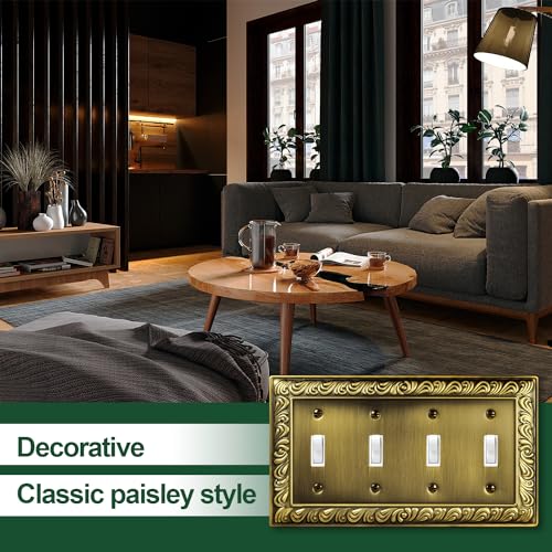2 Pack Antique Brass Decorative Wall Plate, Quad Toggle Light Switch Cover - size: 4 Gang Quad Toggle
