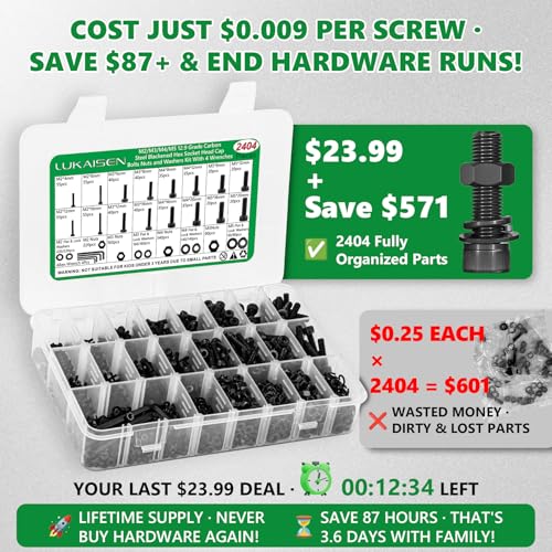 2404PCS Screw Assortment Kit, M2-M5 12.9 Alloy Steel Hex Socket Cap Bolts - size: M2 M3 M4 M5 2404pcs 3