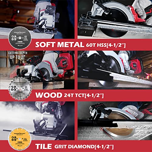 PowerSmart 20V 4-1/2 Inch Cordless Mini Circular Saw with 4.0Ah Battery and Fast Charger, 4 Blades Ideal for Wood, Soft Metal, Tile and Plastic Cuts