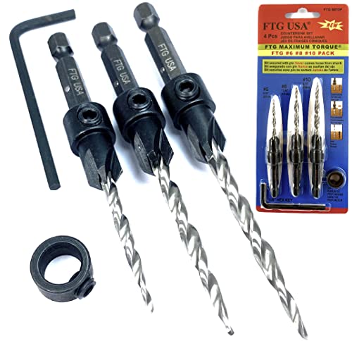 FTG USA 3 Pc Wood Countersink Drill Bit Set #6#8#10 with 3/8" Depth Stop - size: #6#8#10, style: with Depth Stop