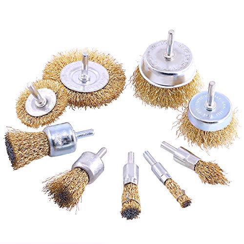 Keadic 9 Pieces Brass Wire Brushes Cup Wheels Brush Set with 1/4 Inch Shank, Polishing Attachment Die Grinder Rotary Tools Accessories for Cleaning Rust Corrosion