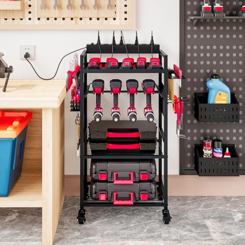 INGIORDAR Power Tool Organizer Storage Cart with Charging Station,Black - size: 4 Tier (with Charging Station)