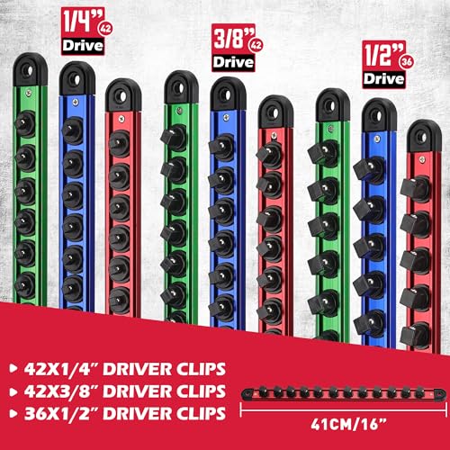 Magnetic Socket Holder Organizer Set: 9-Piece Detachable 1/4, 3/8, 1/2 Socket Trays Socket Organizer for Tool Box Drawer Holds 120-Piece Standard Size Sockets for Automotive Garage(Blue Red Green) - style: 9-Piece Alum. Rails (Holds 120)