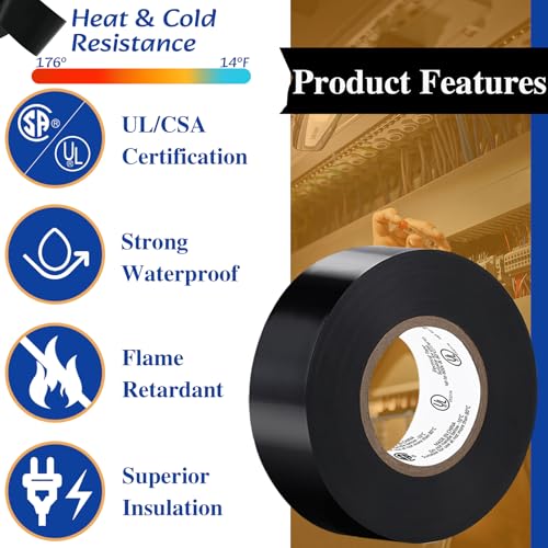 COLOGO 12 Pack Black Electrical Tape Waterproof, 3/4 in x 66ft, Industrial Grade UL/CSA Listed High Temp Electrical Tape Electric Super Vinyl