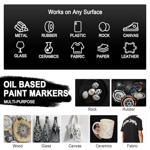 Betem 4 Oil Based Black White Paint Pens, Permanent Fabric Paint Markers - color: 2 Black & 2 White