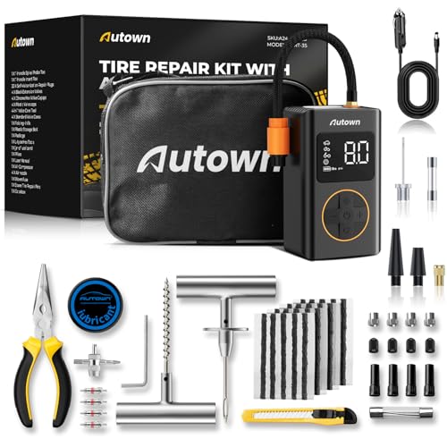 AUTOWN Flat Tire Repair Kit with Air Compressor, Professional Tire Plug Kit
