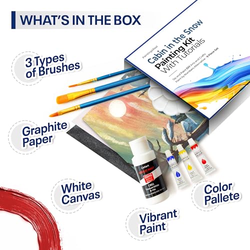 Painting4Real Acrylic Art Painting Kit with Video Tutorials - Learn to Paint Cabin in The Snow - How to Paint with Acrylic Paint Set for Adults, 9 Peices Painting Set for Beginners, Adults, Art Lovers - color: Cabin in the Snow