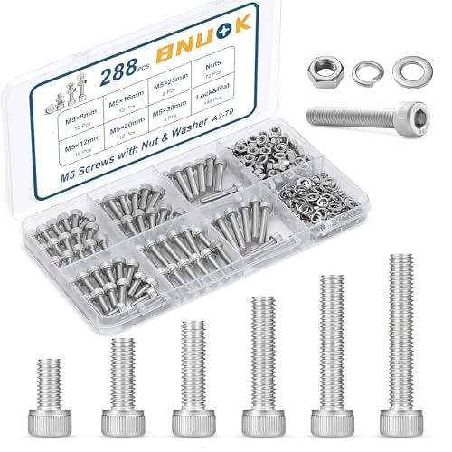 288 PCS M5 Screws Assortment Kit, 304 Stainless Steel M5 Bolts Kit, M5x 8/12/16/20/25/30mm, Hex Socket Head Cap Screws Bolts Nuts Washers Set - size: M5x 8/12/16/20/25/30mm