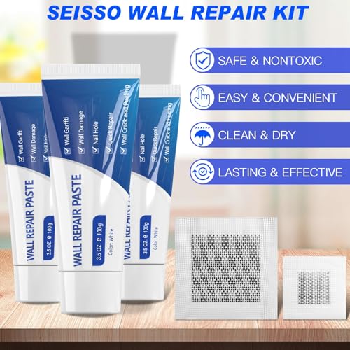 SEISSO Drywall Repair Kit, Wall Mending Agent*3(100g), Wall Patch*4, Scraper and Sandpaper*2, Wall Repair Paste Kit for Wall Cracks, Graffiti, Whitewall Hole Filler and Plaster Dent Repair - style: 3pcs wall paste