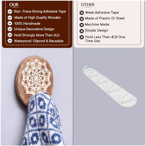 Indian Shelf 6 Wooden Adhesive Wall Hooks for Keys, Bags, Hats - color: Brown Style 3