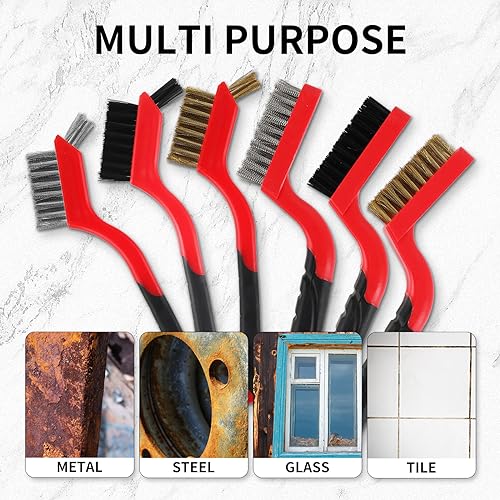 A A IN 6-Pack Wire Brush Set Nylon/Brass/Stainless Steel Bristles with Curved Handle Grip Scratch Brushes for Deep Cleaning and Rust Removing Small Cleaning Brushes-7 Inches (Red)