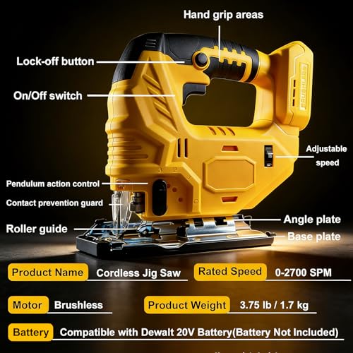 Cordless Jig Saw Compatible with Dewalt 20V Battery, Brushless Jig Saw with 6pcs Blades, 4 Orbital Sets for Wood, Plastic and Metal Cutting (Tool Only, No Battery)