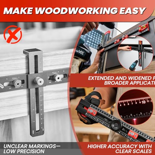 Saker 4-in-1 Drilling Positioning Ruler, Adjustable 13.78in Multifunctional T Square Ruler, Cabinet Hardware Jig, Marking Gauge Tools for Woodworking, Cabinet Drawer Door Hole Drilling Template - size: 13.78inch T Square Ruler