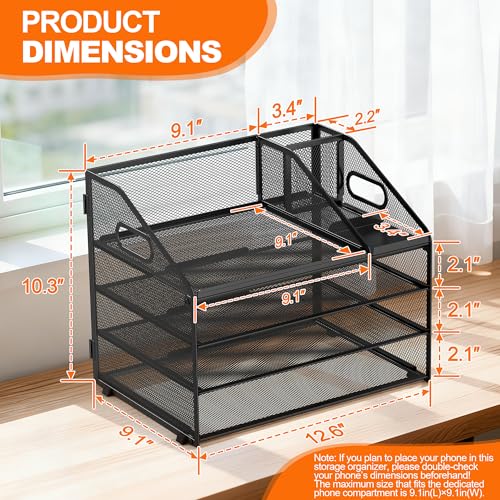 DocNest 4 Tier Metal Mesh Desk File Organizer with Phone Shelf, Black - color: Black, size: 12.6" x 9.1" x 10.3"