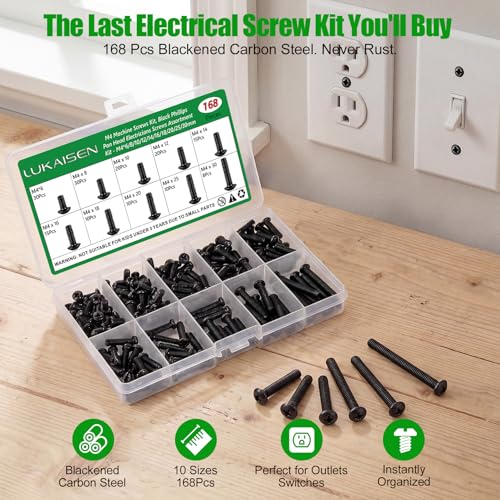 168 Pcs M4 Phillips Pan Head Machine Screws Kit for Switch Boxes | 10 Metric Sizes (M4 x 6mm to 30mm), Carbon Steel Black Screws for Wall Socket Outlets & Faceplates, Clear Label Storage Box - size: 168Pcs M4*6/8/10/12/14/16/18/20/25/30mm-Pan