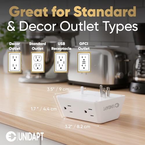 Unidapt 6 Outlet Wall Plug Extender, Surge Protector Power Strip, 1-Pack | 900 Joules, 3 Sided Wide Spaced Outlets, Mountable Wall Tap Multi Plug Charger Expander for Home, Office and Travel - style: 1-Pack