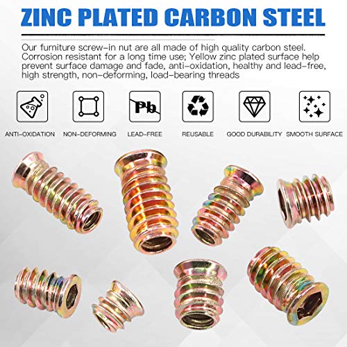 Glarks 120Pcs 1/4"-20, 5/16"-18 Threaded Inserts Nuts Assortment Set, Zinc Plated Carbon Steel Hex Socket Drive Furniture Flanged Screw-in Nut with M6 M8 Hex Wrench for Wood Furniture - size: 1/4"-20 & 5/16"-18 Assortment