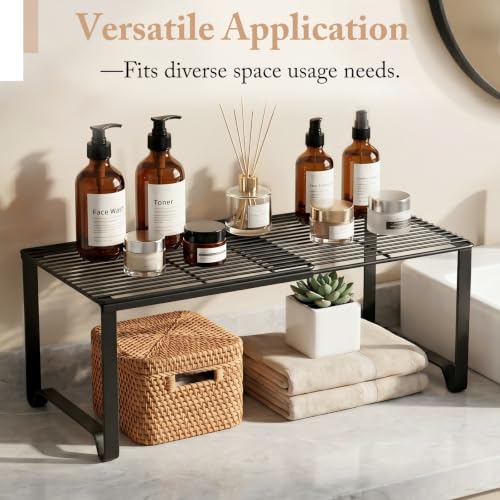 Extendable Metal Wire Shelf Organizer - Adjustable 15-24.4in Length, Stackable Storage Rack for Kitchen/Pantry/Bathroom/Shoe Cabinet/Tool Closet (2,Black) - color: Black, size: 2 Pack