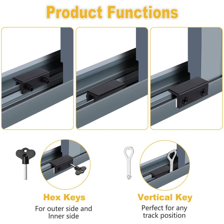 Window Locks,4 Pcs Sliding Window Locks with Key for Vertical & Horizontal Sliding Windows Doors Adjustable Aluminum Stoppers, No-Drill Easv to Install for Patio Bedroom Home and Office