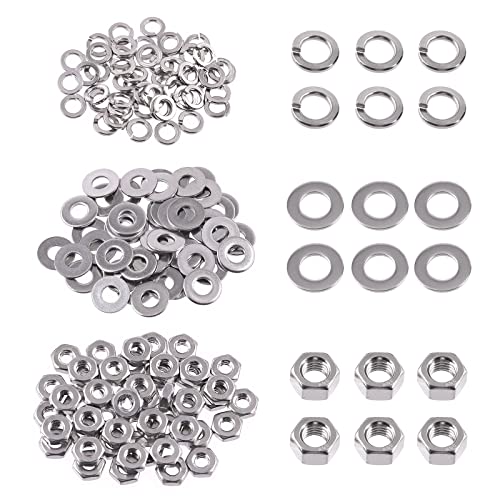 Swpeet 150Pcs Metric 304 Stainless Steel M4 Hex Nuts and Flat Washers with M4 Split Lock Washers Assortment Kit, Coarse Thread Hexagon Nut for Home Automotive Shop Use - size: M4 Hex Nuts & Washers