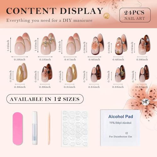 Floral Brown Gold Press On Nails Medium Long Almond, Tortoise Flower Pearl Charms Design Salon Quality Reusable Acrylic Stick On Fake Nails For Women Daily & Party Wear False Nails - color: LF-3647, size: 24 Pieces (Pack of 1)