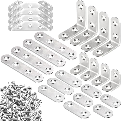 24 Pcs Corner Brace Flat Straight Bracket Sets, Stainless Steel L Brackets for Wood, Various Mending Plates with Screws - size: 6 size/ Mixed set