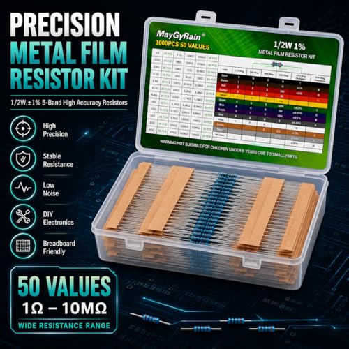 50 Values Metal Film Resistor Kit,1/2W 1% High Precision Axial Lead Resistors, Resistor Assortment with Storage Box for DIY Projects,Electronic Repair Circuit (1/2W-50Values-1000PCS, Metal) - style: 1/2W-50Values-1000PCS