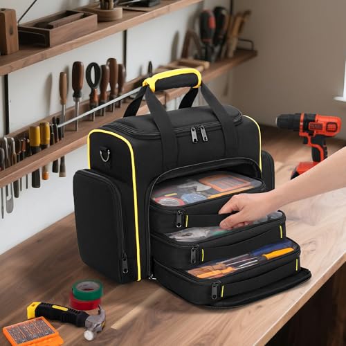 Marscamd Tool Bag with 3 Removable Cases, 2 Layers Tool Tote for Hand Tools - color: Black with Yellow Binding